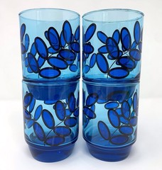 Set of 4 Vtg J Wm Hale Cobalt Blue Leaf High Ball Tumbler Glasses 14oz Stackable