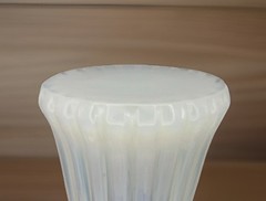 Vintage Fostoria Heirloom Opalescent White Ribbed Pitcher Vase 10” Glows
