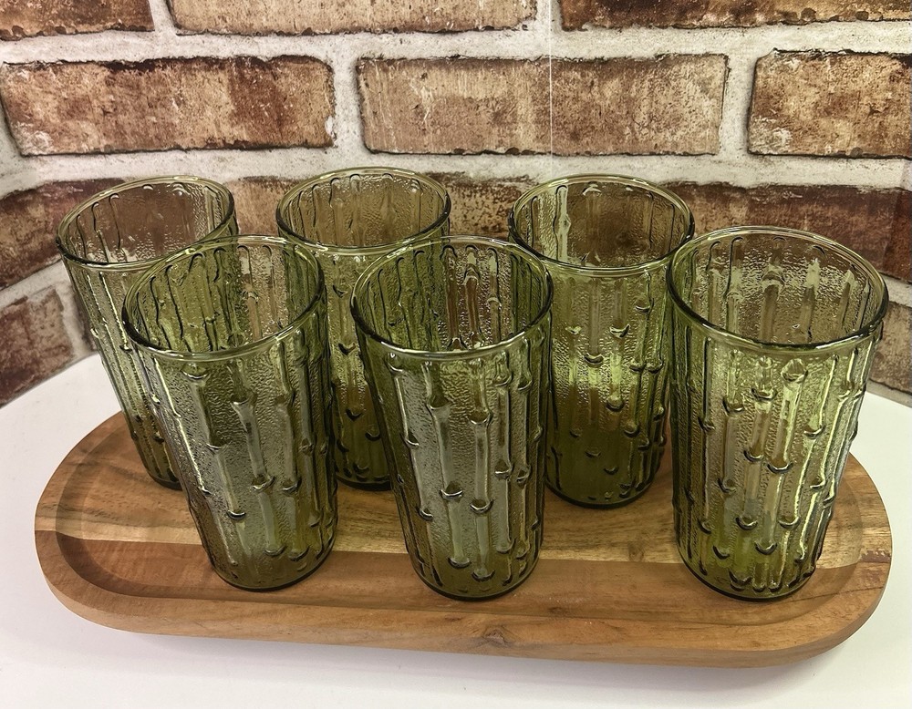 6 Vintage MCM Anchor Hocking Tahiti Avocado Green 12oz Tumblers Drinking Glasses
