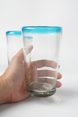 Mexican Hand Blown Recycled Glass Aqua Blue Rim 6″ Tumblers Set of 3