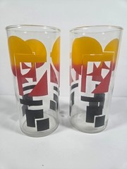 Vintage Set 2 Abstract Geometric Highball Glasses Yellow Red Black Retro Barware