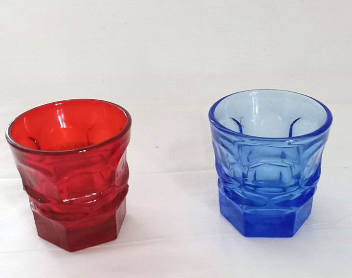 2 Vintage Fostoria Argus Flat Juice Glasses Blue Red Henry Ford Museum HFM