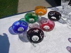 VTG Nachtmann, Set of Six Colored Cut to Clear Crystal Coupe, Champagne Glasses.