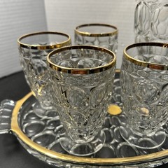 Vintage Jeannette Thumb Print Glass Gold Trim Juice Pitcher 4 Glasses Set+ Tray
