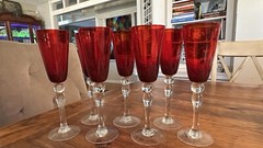 Ruby Red 9” Champagne Wine Flutes Glasses With Clear Stem And Foot. Set Of 7