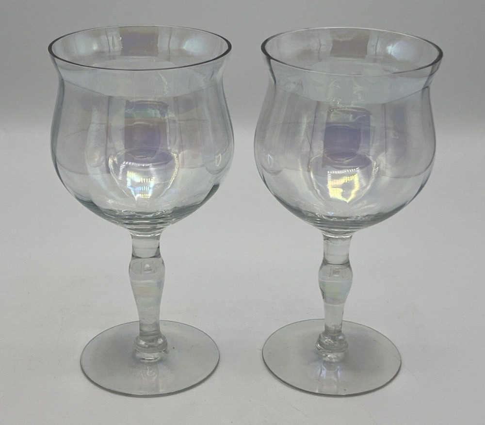 Iridescent Clear Wine Glass Goblet 6 1/2″ Tall Lot of 2