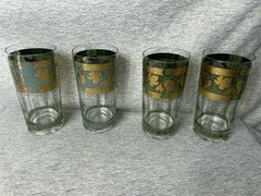4 MCM CERA Golden Grapes Highball Glasses Forrest Green & Gold 5.5” *READ*
