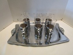 Vintage Hellerware Barware 7 Pc. Set Glass /Chrome /Cork tumblers 11 Oz. 1960’s
