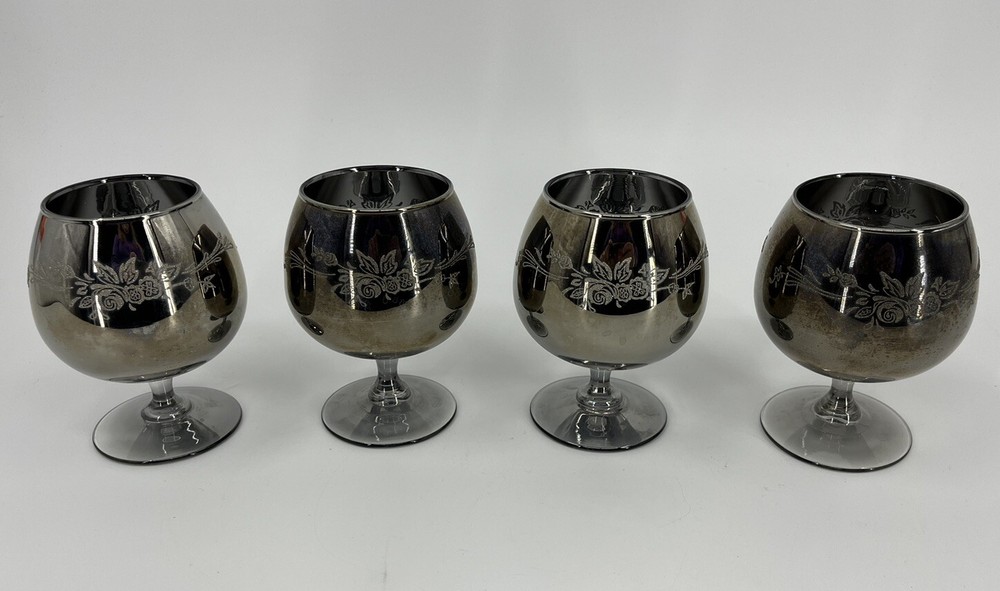 Mid-Century Modern Silver Fade Brandy Snifters Raised Floral Design Set of 4