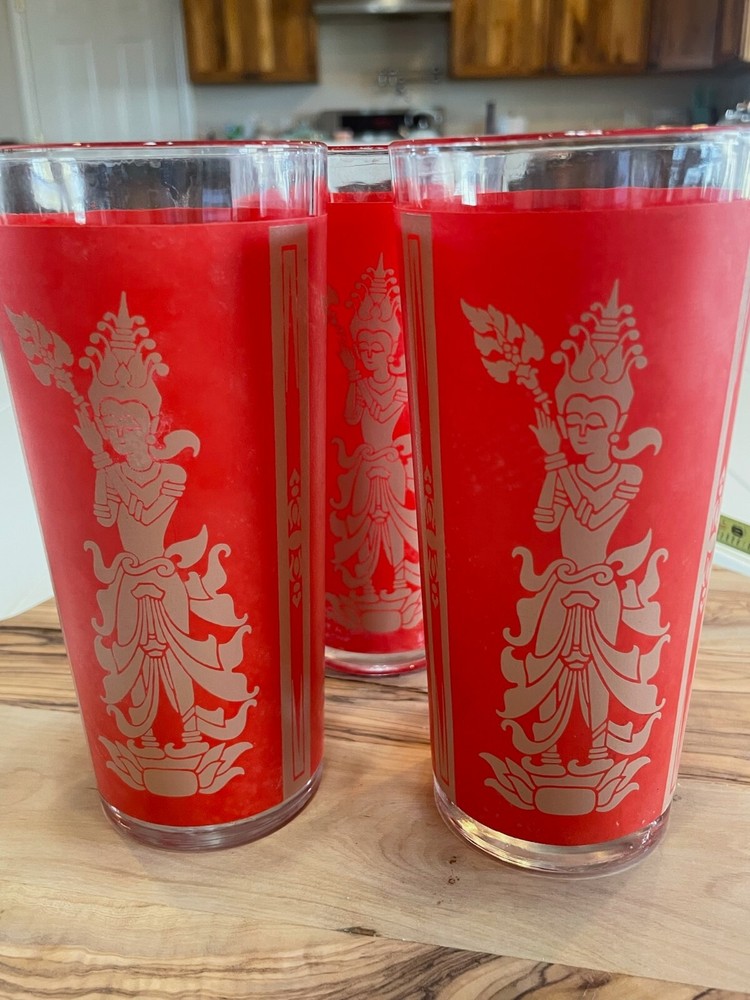 Culver Glass Mid-Century Red & Gold Thai Goddess Highball Glasses, set of 3, EUC