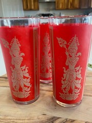 Culver Glass Mid-Century Red & Gold Thai Goddess Highball Glasses, set of 3, EUC