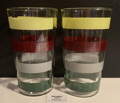 2 Vintage Federal Glass Tumblers Chartreuse Green Gray Maroon Stripes Bands MCM