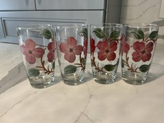 Set of 4 ROSE 5.25” Pink Glass TUMBLERS 12 Oz Hand Painted