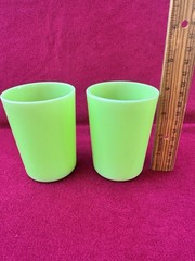 2 Vintage McKee Jadeite Uranium Glass Green Tumblers Straight Side Glows 3.75″