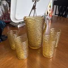 VTG MCM ANCHOR HOCKING Soreno Juice Set Honey Gold 5 PC. 4 GLASSES AND PITCHER
