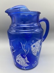 Rare Hazel Atlas Cobalt Blue Pitcher 86 oz White Angel Fish Vintage 1930’s VGC!