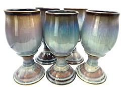 Bill Campbell Studio Art Pottery Water Wine Goblets Glasses Drip Glaze Set of 5
