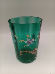 Victorian Optic Hand Blown Green Glass Gold Enameled Tumbler Flowers READ