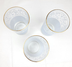 Vintage MCM Libbey Frosted White & Clear Drinking Glasses Gold Rim – Set of 3