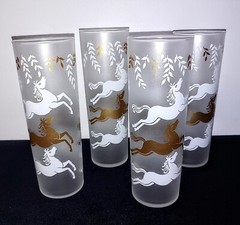 4 Libbey Galloping Horse Calvacade Frosted Tom Collins Drinking Glasses