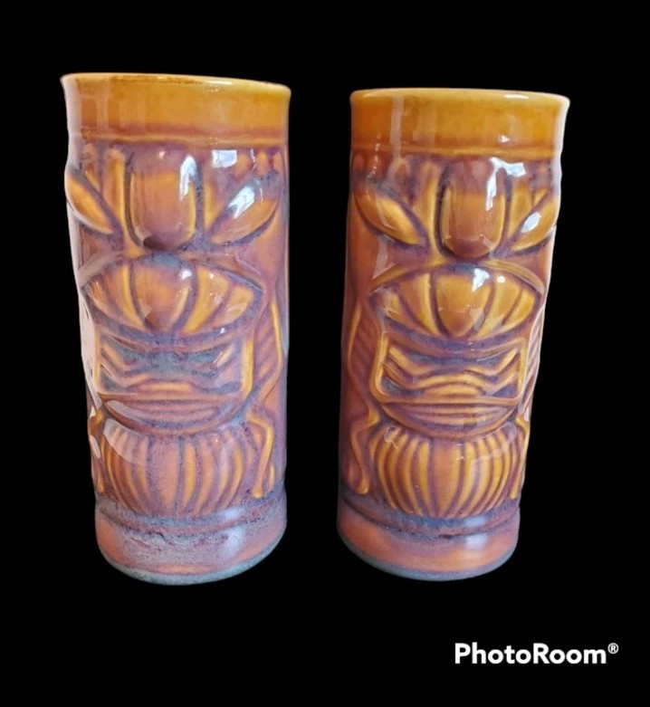 VTG Libbey Brown Stoneware Tiki Hawaiian Ceramic Tall Cocktail Glass 7″ Set of 2