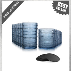 Hobnail Drinking Glasses Set of 12 with 6 Silicone Coasters Blue 14.5 oz