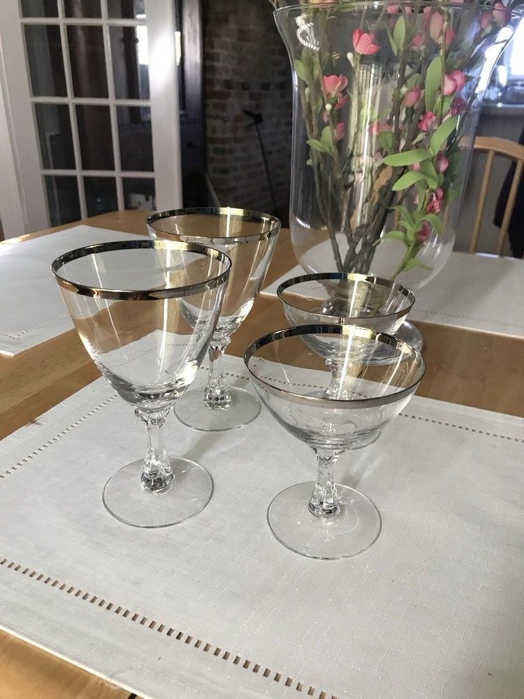 Vtg 4 Fostoria Platinum Trim Wedding Ring 2 Crystal Water Glasses & 2Sherbet?