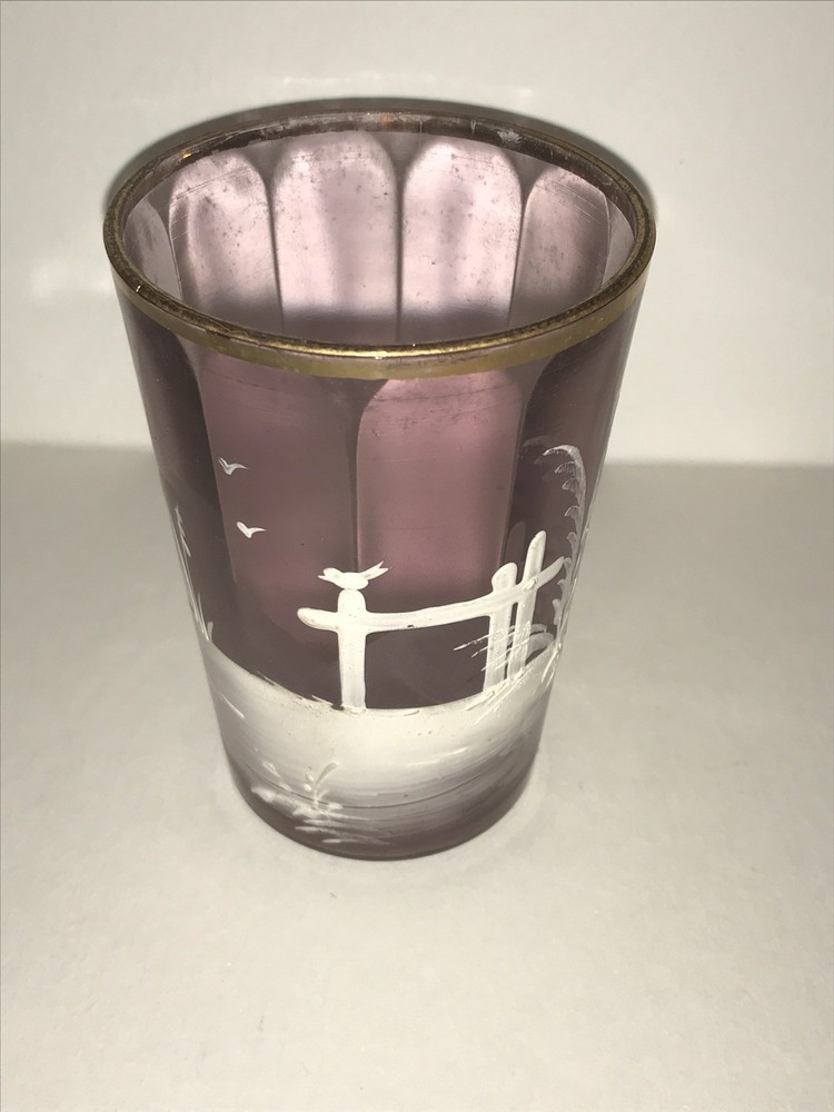Victorian Amethyst Tumbler Hand Painted Glass Paneled with Landscape Scene 1880s