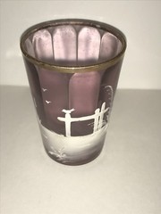 Victorian Amethyst Tumbler Hand Painted Glass Paneled with Landscape Scene 1880s