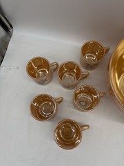 Vintage MCM Fire-King Ware Peach Luster Egg Nog 14 pc Set Bowl/Stand/12 Mugs