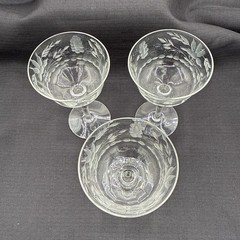 Set Of 3 Vintage 3” W Etched Floral Spray Pattern With Panels Stemmed Glasses