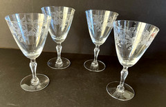 Fostoria Burgundy Stem 6092 Crystal Etched 7” Wine Glasses Cut 878 1960’s Goblet