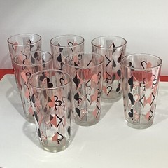 Set of seven hazel atlas pink black Tumbler hearts diamonds spades clubs RARE