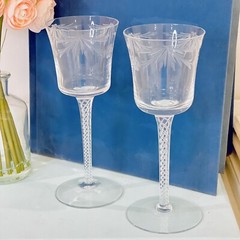 2 Vtg Bucket Air Twist Stem Etched Crystal Wine Chalice Glasses Art Deco Set