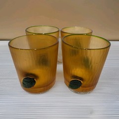 ​Vintage Bombay Co Amber Gold Glass Tumblers Applied Green Leaf Set of 4