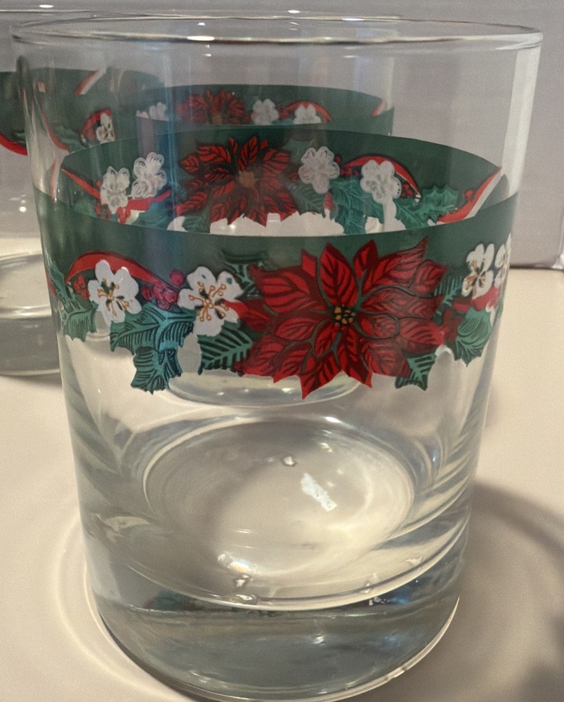 6 LIBBEY Tienshan Deck The Halls POINSETTIA Double Old Fashioned Glasses 12 Oz