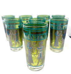 8- MCM Cera Highball Glassses Egyptian Revival Green Teal SILVER-Barware