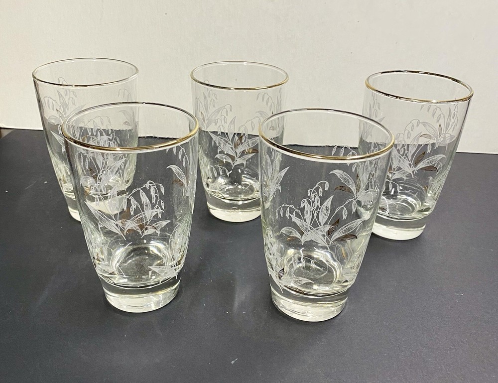 Set Of 5 Vintage Libbey White Gold BLUEBELL Floral Gold Rim Tumbler Glasses 8 oz