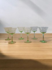 Vintage Uranium Glass Coupe Sherbet Glasses Set of 6 UV Reactive Depression Era