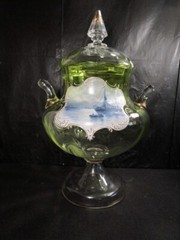 VINTAGE LIME GREEN SAILING SHIP PORTRAIT STEMMED PUNCH BOWL