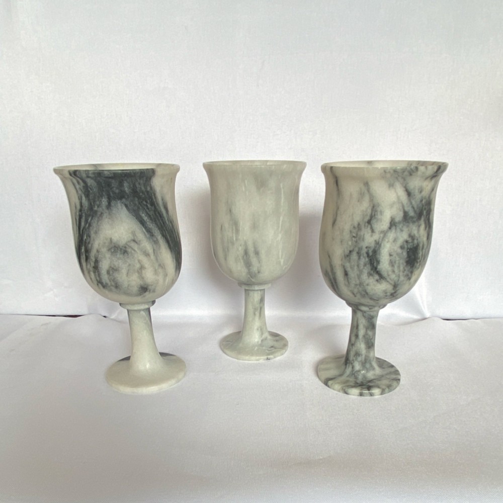 Set of 3 Marbled Stone Goblets Gray White Stone 6 in Drinkware