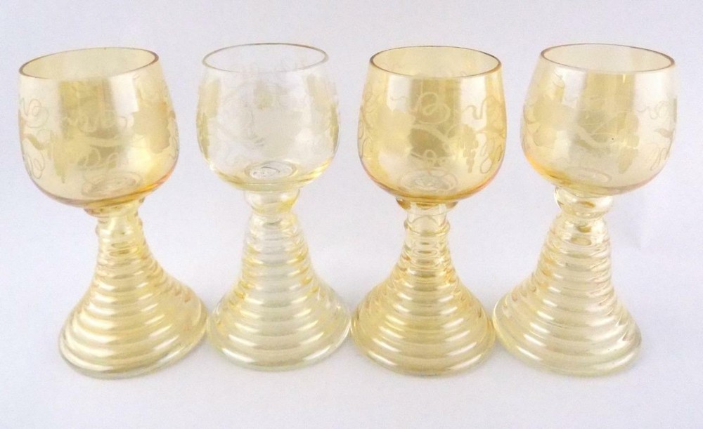Set of 4 Goblets Etched Grape Bowls Beehive Stems Luster Peach Color Stemware