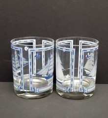 2 Georges Briard Rocks Glasses Nautical Themed Sailing Ships Barware Cocktail
