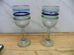 Pair (2) Hand Blown Mexican Wine Glass Water Goblet w/ Blue Aqua and Green Bands