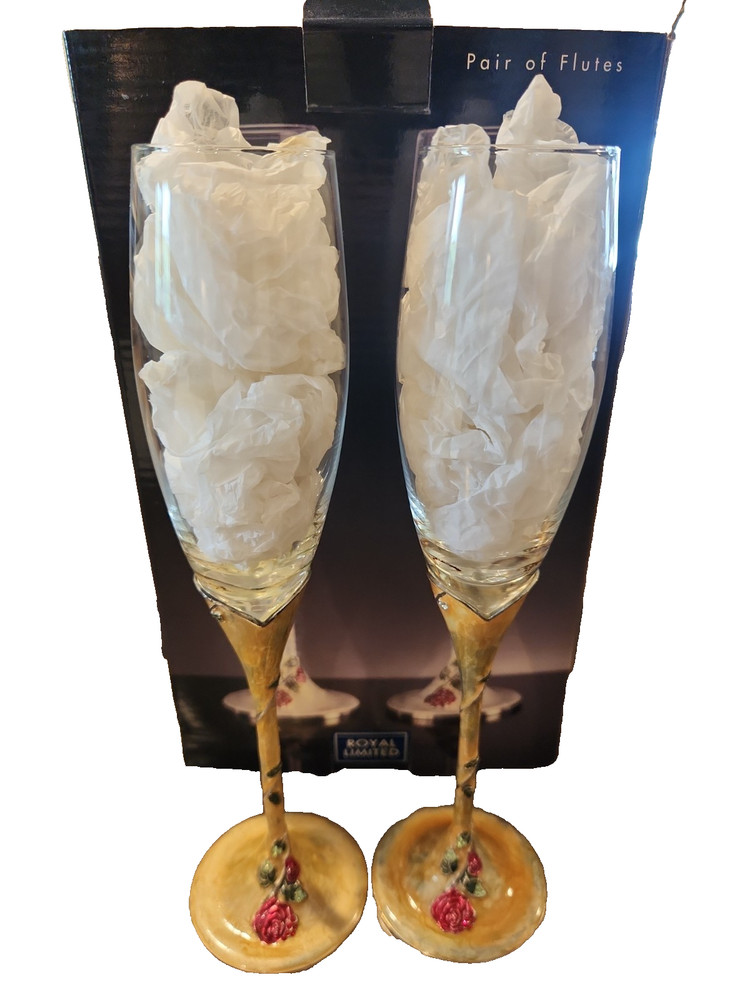 Set of 2 Champagne Flutes Enamel Rose Jewel Romantic Wedding Toasting Glasses