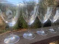 Vintage Etched Wheat Pattern Clear Glass MCM Crystal Wine Glasses Set-6 Elegant