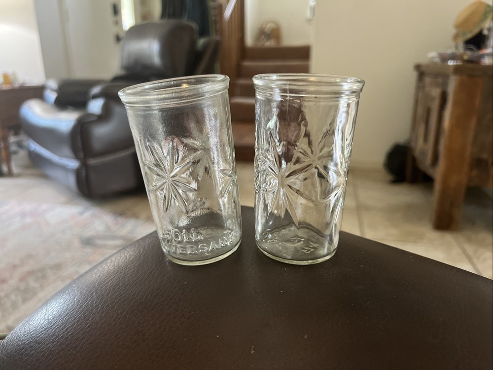 2 Vintage Anchor Hocking Starburst Juice Clear Glass Jelly Jars Atomic Ball