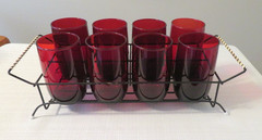 8 Vintage Anchor Hocking Royal Ruby 9 Oz Tumblers in Metal Wire Caddy Holder