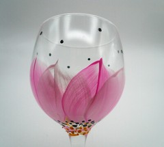 Artist JAN BEADLING Hand Painted ~ PINK FLORAL ENAMEL ACCENTS ~ 4 Wine Glass