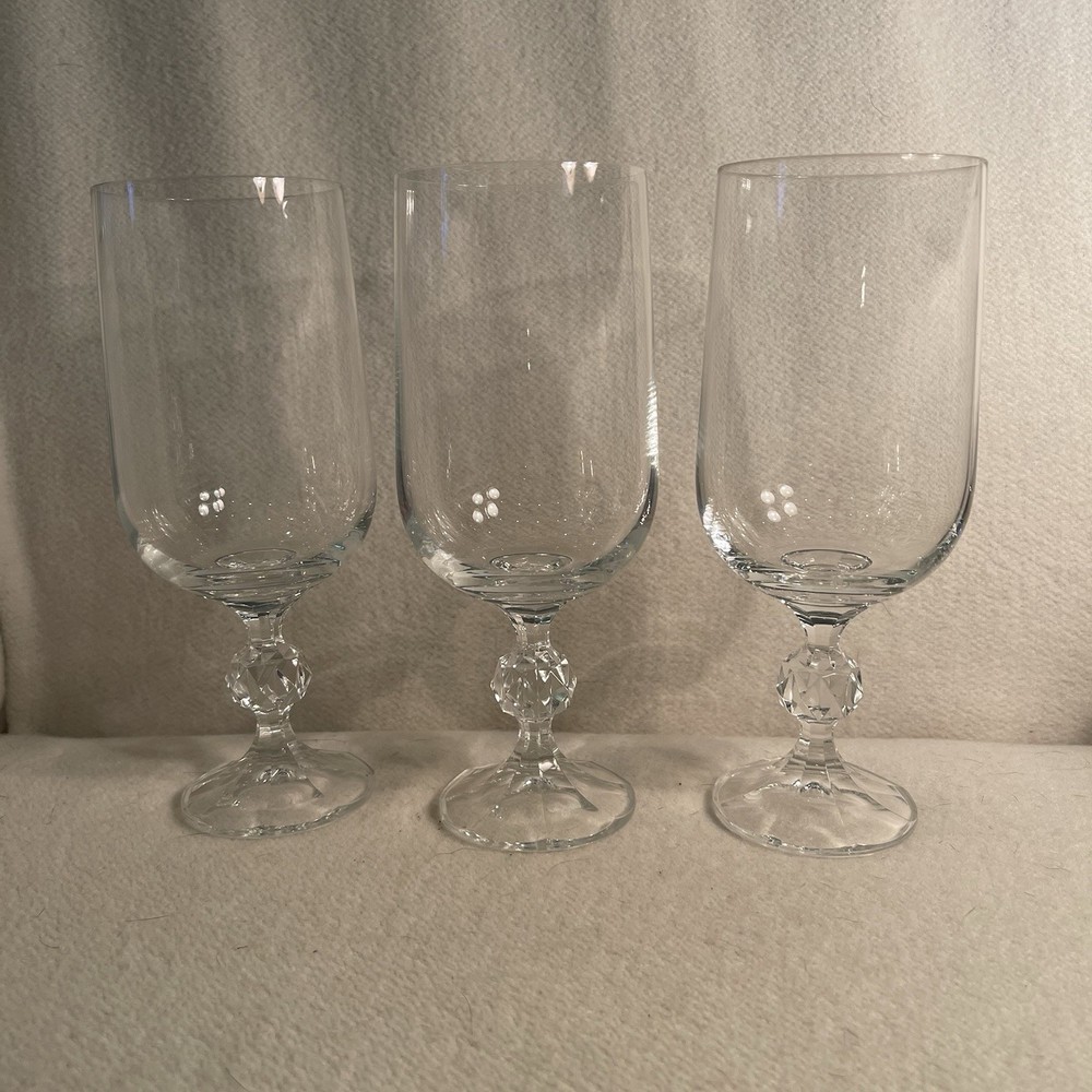 Claudia Bohemian Crystal 7.5” Tall Ice Tea Glasses W/ Cut Ball Stem Set 3